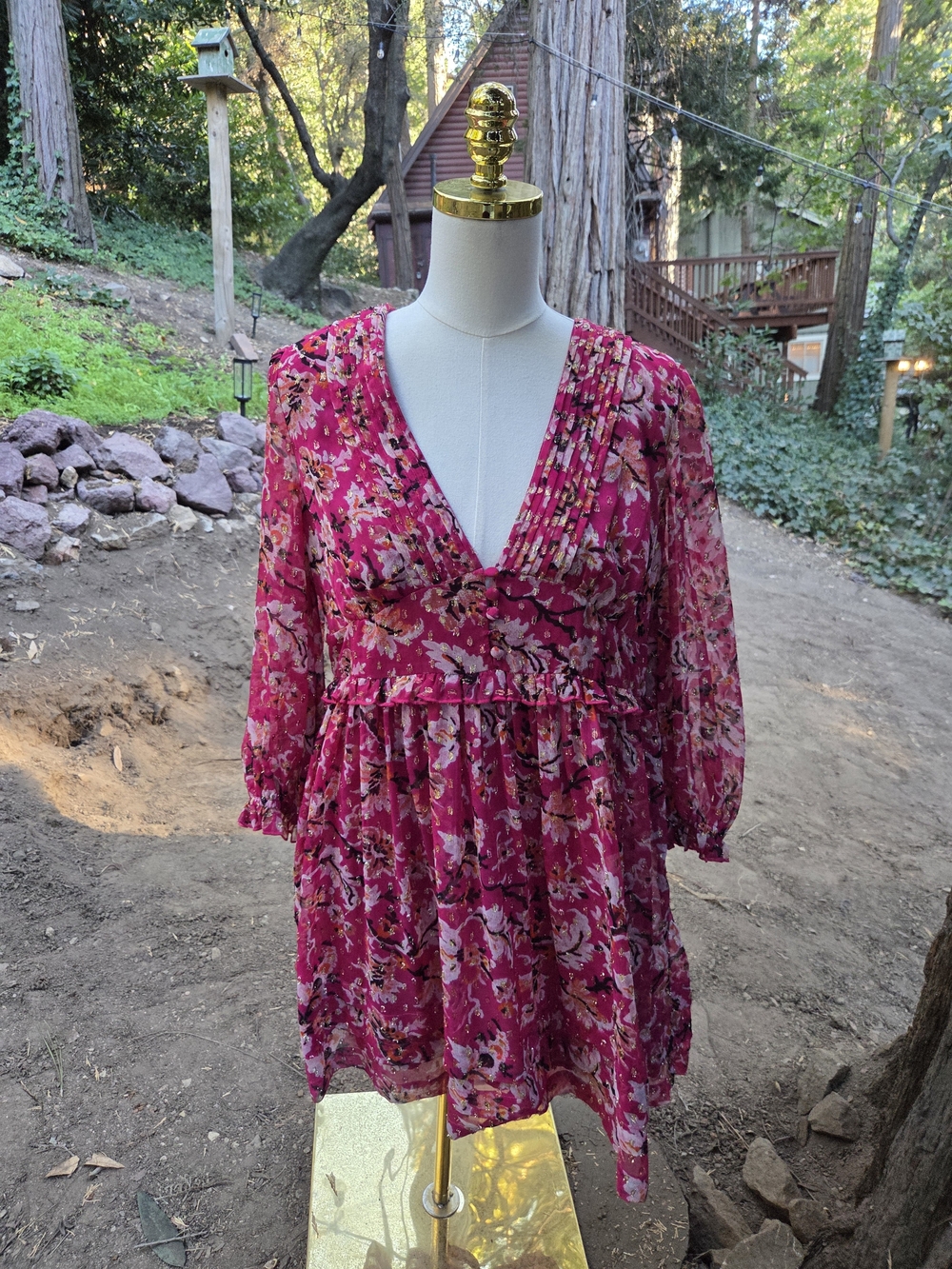 Urban Outfitters Women's Pink Trim Printed Floral Chiffon Tiered Dress